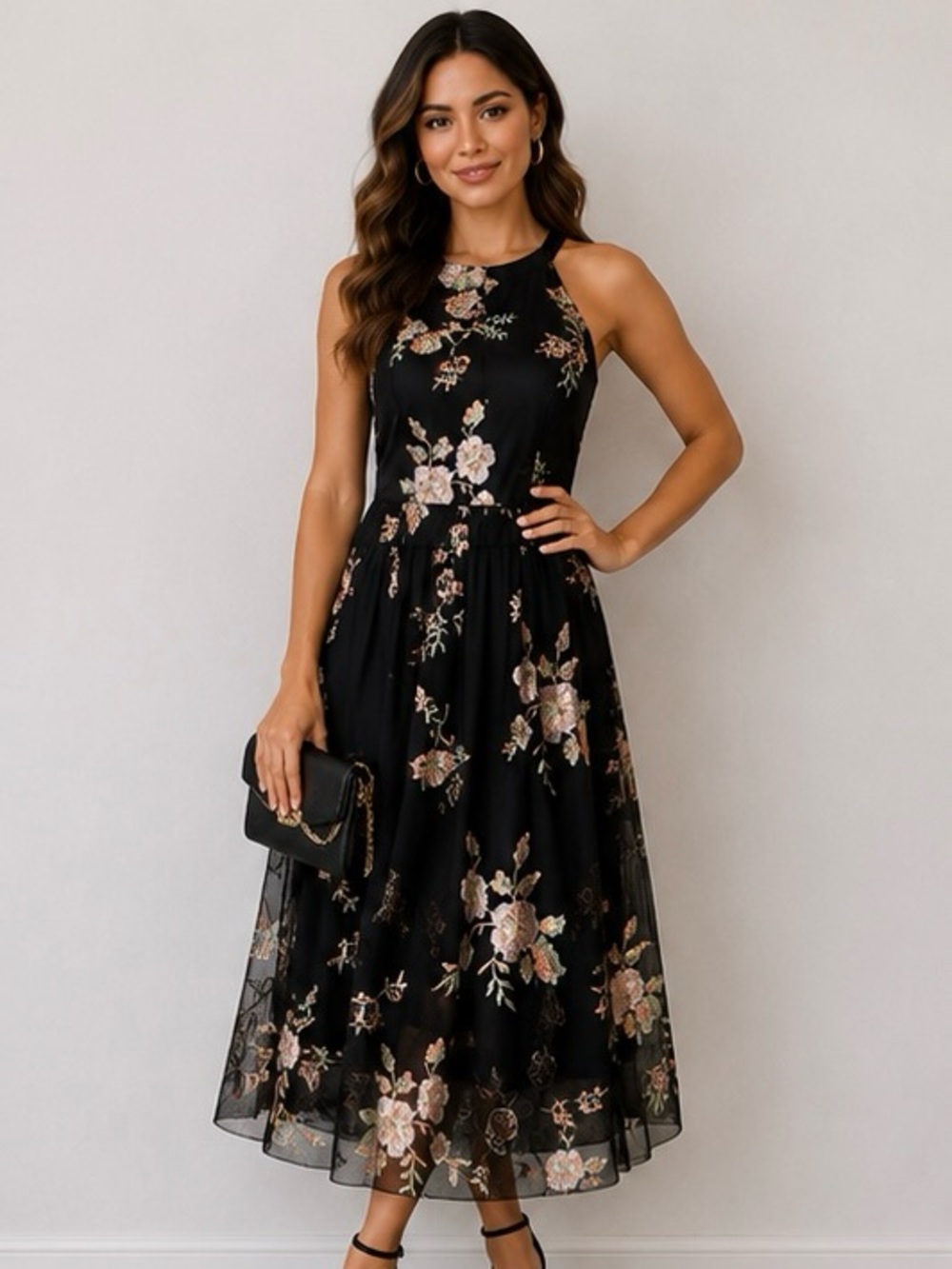 Vince Camuto Black Embroidered Dress with Pastel Floral Embroidery and Sheer Hem